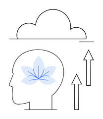 Head profile featuring a blooming flower inside, upward arrows, and a cloud element. Ideal for mindfulness, growth, meditation, focus, innovation personal development inner peace. Flat simple