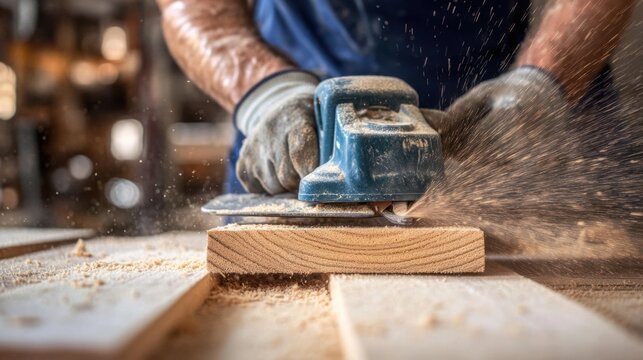 Carpenter sanding wood planks for a custom project. Featuring attention to detail and skill