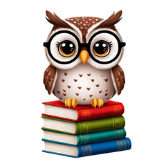 Fototapeta premium Cute Owl with Glasses Sitting on Books PNG – Educational Cartoon Mascot with Transparent Background
