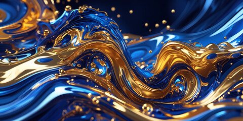 Vibrant Abstract Waves of Blue and Gold with Sparkling Droplets and Fluid Texture