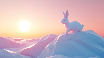 White Rabbit Gazing at the Sunset on Abstract Polygonal Landscape