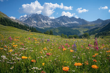 Mountain wildflowers painting a vibrant carpet, contrasting with the green backdrop of towering peaks under a clear blue sky.