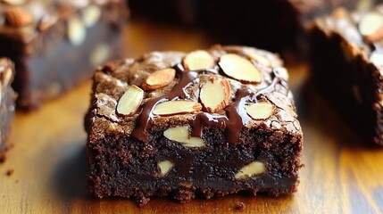 Fudgy brownies with a swirl of chocolate and roasted almond pieces on top 