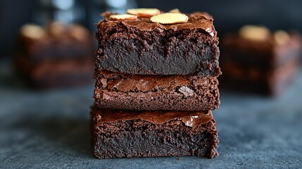 Fudgy brownies with a swirl of chocolate and roasted almond pieces on top 