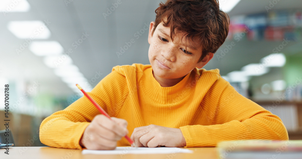 Poster Thinking, learning and kid writing on paper for exam, test or problem solving for knowledge in class. Pencil, boy or student at school for education, development or study for assessment with solution