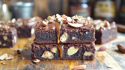 Fudgy brownies with a swirl of chocolate and roasted almond pieces on top 