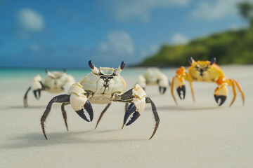 Crabs scuttling along the sandy beach at low tide during a bright sunny day