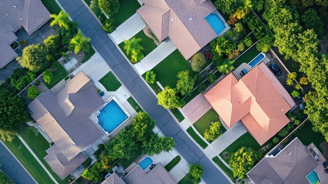 Aerial View of Suburban Neighborhood with Houses and Pools
