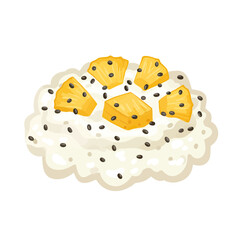 Fototapeta premium Pineapple and Coconut Rice Pudding: A refreshing and healthy dessert, featuring a creamy coconut rice pudding topped with sweet pineapple chunks and black sesame seeds.