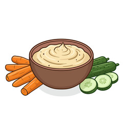 Hummus with Vegetables: Creamy hummus in a rustic bowl, served with fresh carrot sticks and cucumber slices. A healthy and delicious snack or appetizer.