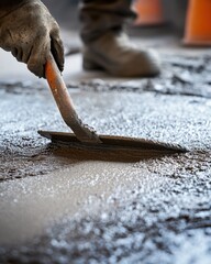 Concrete finisher smoothing freshly poured cement with a trowel. Featuring precision and surface quality