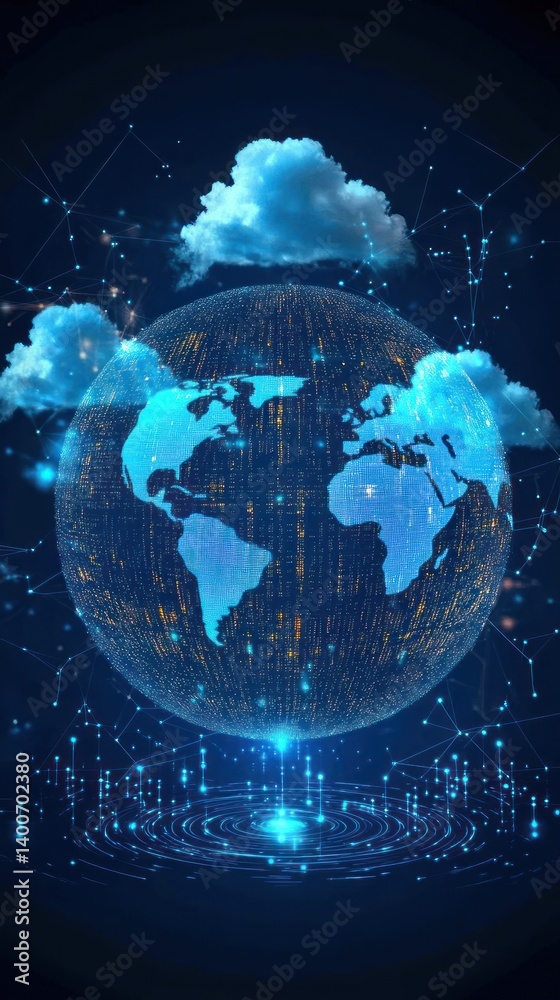 Poster digital globe with clouds and data streams in background