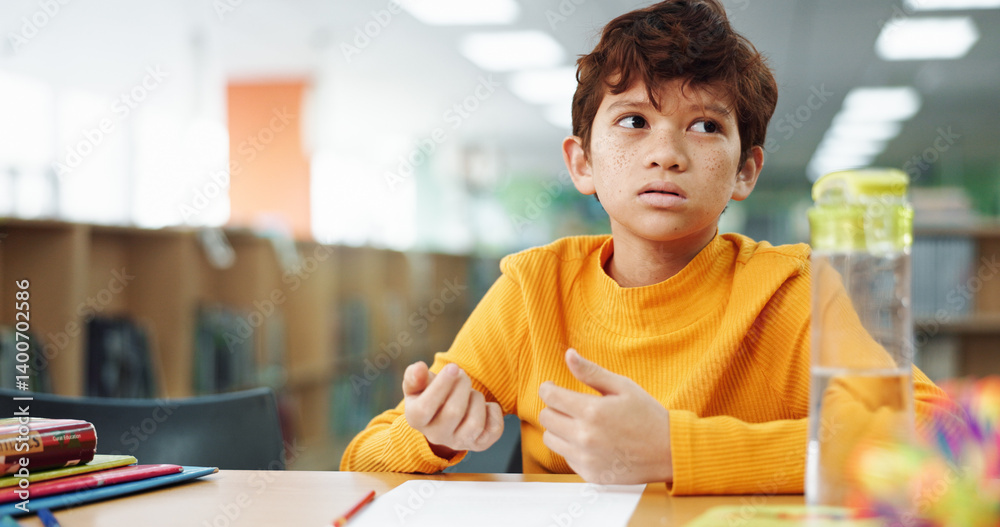 Aufkleber Boy, counting and thinking with learning at library with math, study or problem solving for development. Kid, notes and solution with education, assessment or school project with scholarship in hall