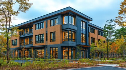 Fototapeta premium Modern Architectural Gem: A Stunning Office Building Nestled in Autumnal Surroundings
