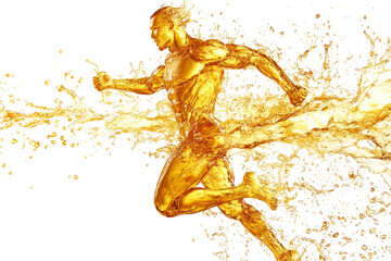 Golden liquid splashes around a muscular man running, symbolizing energy, power, and vitality