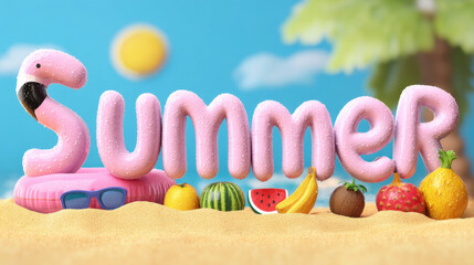 Brightly colored summer-themed elements including a flamingo, fruits, and the word summer designed in playful style against a beach background.