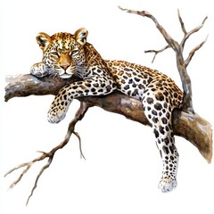 Fototapeta premium Resting Leopard in a Tree, Watercolor Wildlife Art