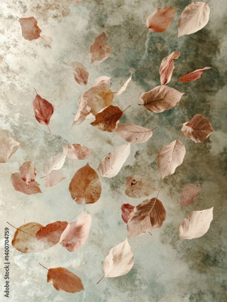 Poster Floating leaves drift through soft clouds in a tranquil space, embodying natures rhythm in relaxing neutral tones for a serene atmosphere
