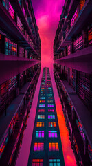 Towering buildings frame a stunning sky painted with vibrant hues of orange and pink. The perspective creates a striking visual effect that captivates the viewer