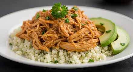 Delicious Low Carb Pulled Chicken Meal With Fresh Avocado Slices