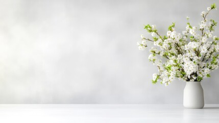 Naklejka premium A white vase with delicate white flowers on a minimalist white table against a soft grey background, and showcasing simplicity and elegance in floral arrangement.