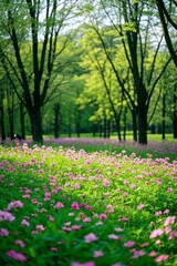 Fototapeta premium a field of pink flowers in a park with trees and grass