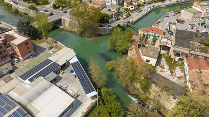 Obraz premium Aerial view of the river in Isola del Liri, simply known as Isola Liri. It is an Italian city of Lazio, Italy, in the province of Frosinone.