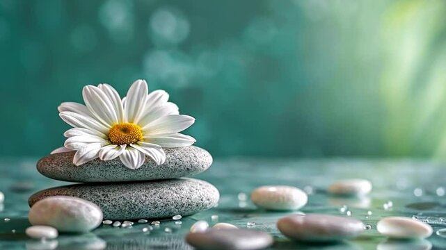 Nature's Balance, A Single White Daisy Gracefully Placed on a Stone Cairn in a Watery Setting with Soft Bokeh