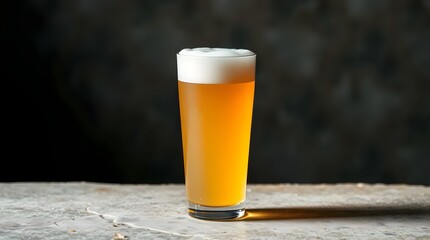 A foamy pale lager in a clear pint glass, standing alone on a textured raw concrete slab with soft natural lighting