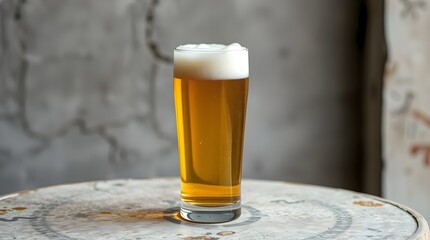 A foamy pale lager in a clear pint glass, standing alone on a textured raw concrete slab with soft natural lighting