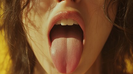 Open mouth reveals tongue, teeth. Hair frames face against sunny yellow backdrop