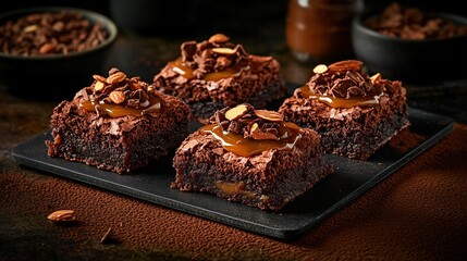 Rich and fudgy brownies with slivers of almond and a drizzle of caramel sauce 