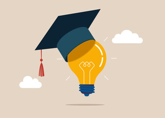 Light bulb wearing academic mortarboard hat. Education curriculum, overseas school, college and university. Flat vector illustration