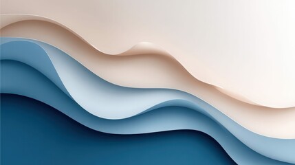 A layered paper cut design features flowing blue and beige waves, evoking a sense of depth.