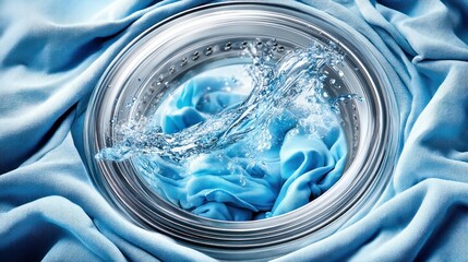 A close-up shot of a washing machine, showcasing water swirling around blue clothes.