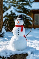 Obraz premium there is a snowman that is sitting on a stump in the snow
