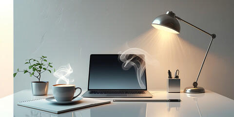 Cozy Workspace with Laptop Steaming Coffee Cup Plant and Desk Lamp