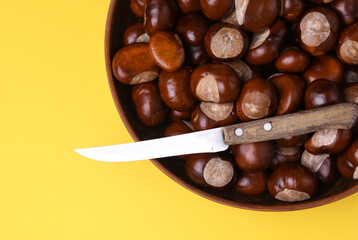 Lots of chestnuts in a bowl and knife on yellow background. Top view