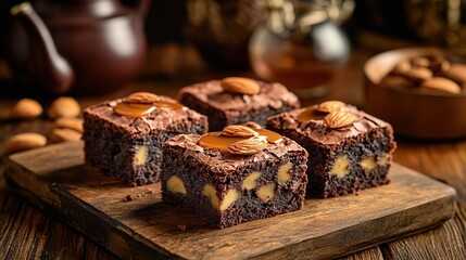 Rich and fudgy brownies with slivers of almond and a drizzle of caramel sauce 