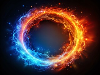Obraz premium Abstract Energy Plasma Ring: Red, Orange, Blue Iridescent Multicolored Flowing Particles & Raging Fire, Magic Sci-Fi Light Rays, 4K Loop