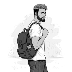 Black and white vector drawing of a bearded athletic man with backpack