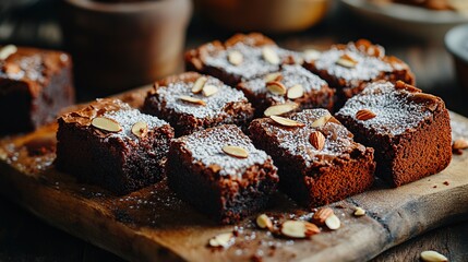 Rich and fudgy brownies with slivers of almond and a drizzle of caramel sauce 