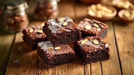 Rich and fudgy brownies with slivers of almond and a drizzle of caramel sauce 