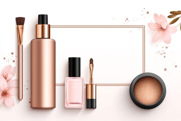 Cosmetic products and brushes with pink flowers on white background with copy space
