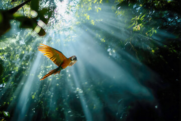 Macaw flying through sunbeams in a dark forest.