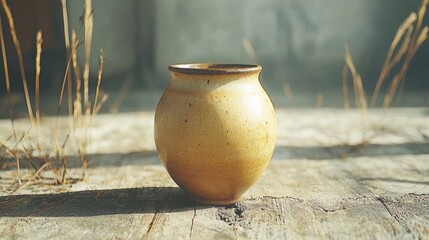 Earthenware vase on weathered wood