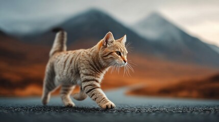 Obraz premium A beautiful tabby cat strides confidently down a road with a mountainous backdrop, enjoying a scenic walk.