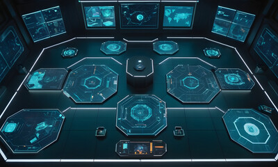 Top-down view of a cybernetic business strategy room with glowing interface tables, animated charts, tactical holographic maps, neon edge lighting and clean
