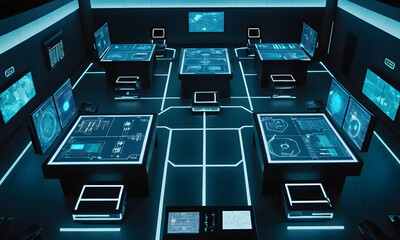 Top-down view of a cybernetic business strategy room with glowing interface tables, animated charts, tactical holographic maps, neon edge lighting and clean