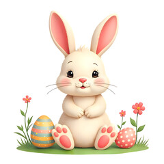 A cute cartoon Easter bunny with soft fur, big sparkling eyes, and a cheerful smile, sitting on grass surrounded by colorful decorated eggs. Transparent background. 